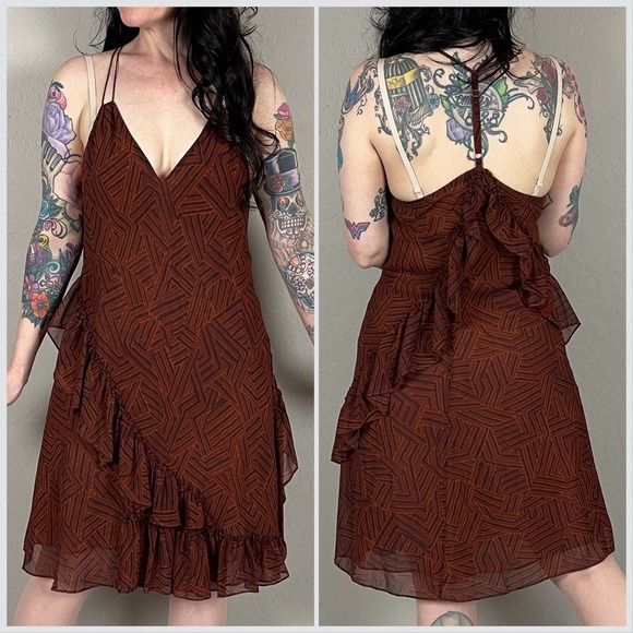 Vintage Y2k Brown Chiffon Geometric Ruffled Halter Slip Dress - Picture 4 of 8